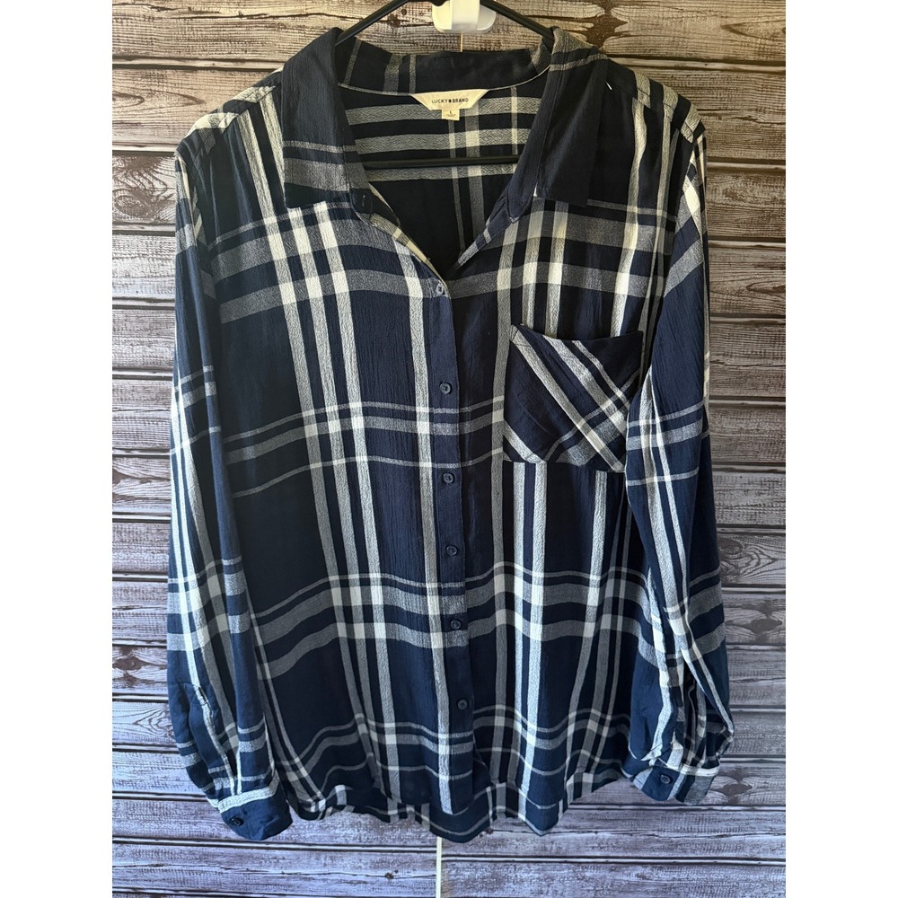 Lucky Brand Women's Long-Sleeved Button-Down Top Size L Navy White Plaid